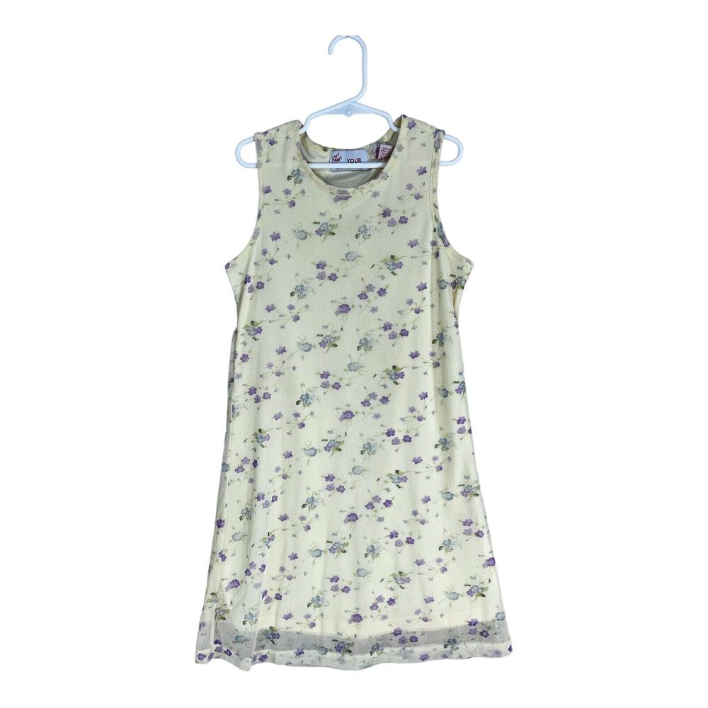 Vintage 90s Y2K Girls Floral Yellow Mesh Nylon Dress Lord & Taylor MEDIUM 10-12